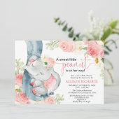Invitation Elephant baby shower fille crème rose florale (Debout devant)