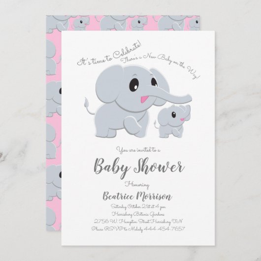 Invitation Eléphant Baby shower fille rose (Devant / Derrière)