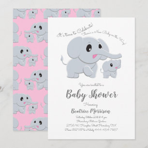 Invitation Eléphant Baby shower fille rose