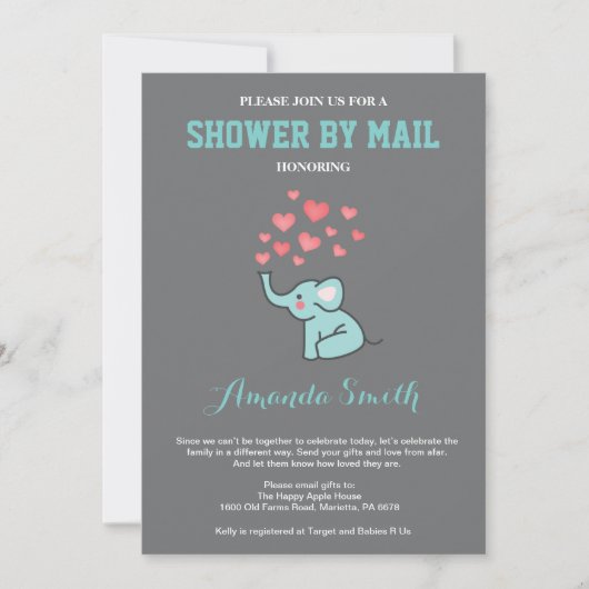 Invitation Elephant Baby shower par Mail Aqua et Grey (Devant)