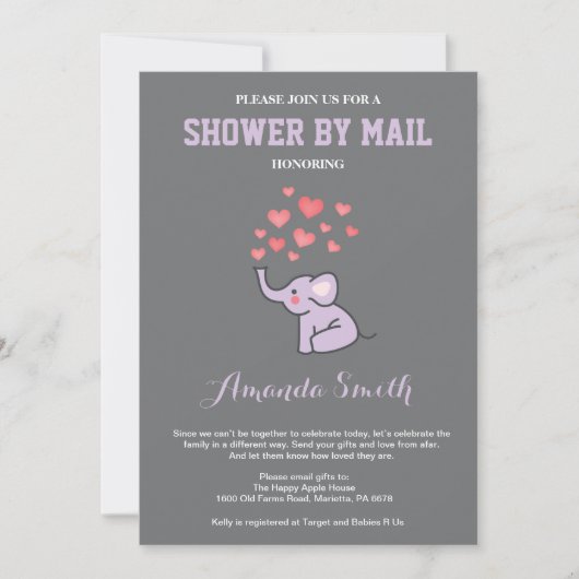 Invitation Eléphant Baby shower par Mail Purple et Grey (Devant)