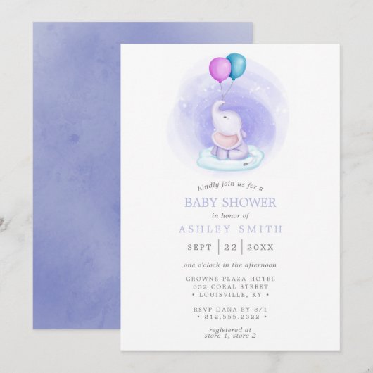 Invitation Eléphant Ballons Aquarelle Baby shower Whimsical (Devant / Derrière)
