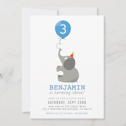Invitation ELEPHANT & BALLOON mignon fête d'anniversaire invi (Devant)