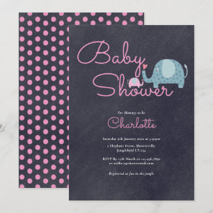 Invitation Éléphant bébé à pois roses Baby Shower Tableau noi