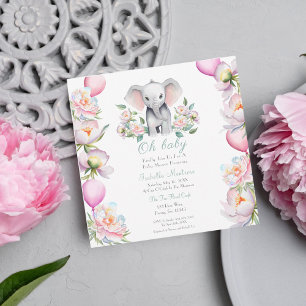 Invitation Eléphant Bébé avec pivoines et Baby shower Ballons