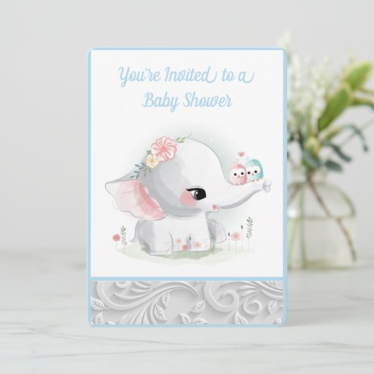 Invitation Eléphant Bébé Blanc (Debout devant)