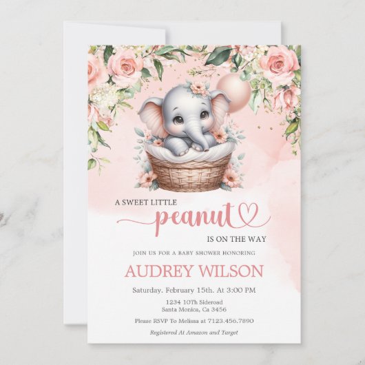 Invitation Eléphant bébé fille Baby shower petit cacahuète (Devant)