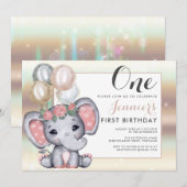 Invitation Éléphant Bébé Floral Mignon Avec Ballons (Devant / Derrière)