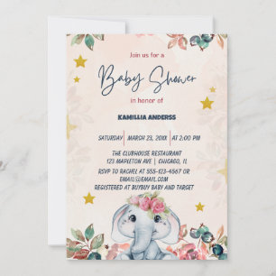 Invitation Éléphant bébé floral rose