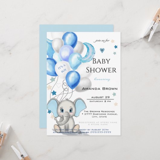 Invitation Eléphant bébé mignon avec ballons Baby shower garç (Devant/Arrière en situation)