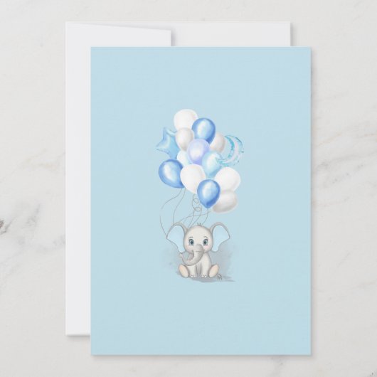 Invitation Eléphant bébé mignon avec ballons Baby shower garç (Dos)