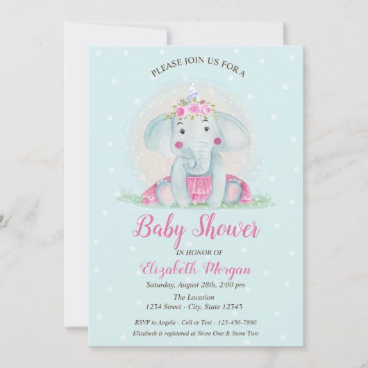Invitation Eléphant bébé mignon, Baby shower de points bleus (Devant)