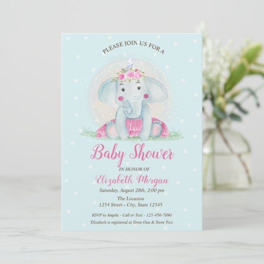 Invitation Eléphant bébé mignon, Baby shower de points bleus (Debout devant)
