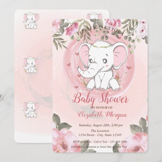 Invitation Eléphant Bébé mignon, Baby shower Floral (Devant / Derrière)