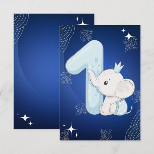 Invitation Eléphant Bébé mignon premier anniversaire (Devant / Derrière)