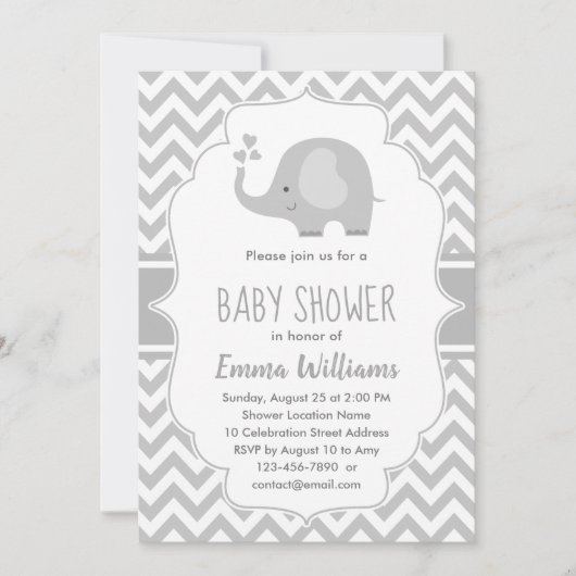 Invitation Eléphant blanc gris mou | Baby shower neutre (Devant)