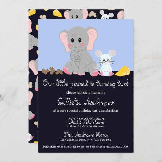 Invitation Eléphant blanc gris mou Souris arachide Anniversai (Devant / Derrière)