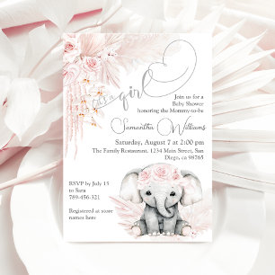 Invitation Elephant Blash Baby shower Boho Rose Fleur