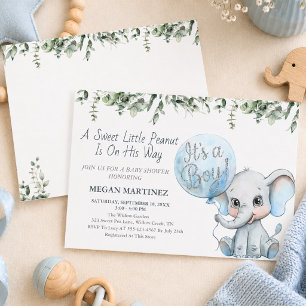 Invitation Éléphant Bleu Garçon Baby Shower Petit Cacahuète