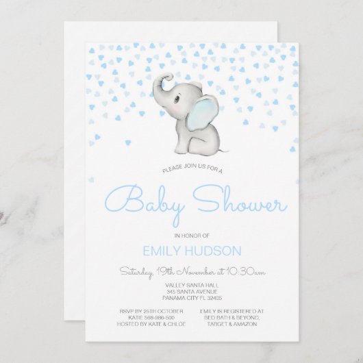 Invitation éléphant bleu modifiable (Devant / Derrière)