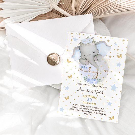Invitation Elephant Blue Baby Boy Douche mignonne