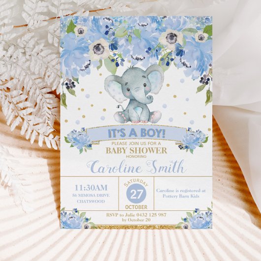 Invitation Elephant Blue Floral Baby shower bébé garçon