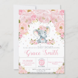 Invitation Eléphant Blush Floral Baby shower Parties scintill
