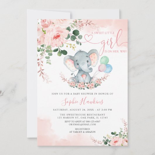Invitation Eléphant Blush rose Doux Petit Baby shower fille (Devant)