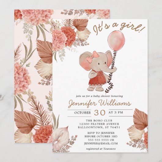 Invitation Elephant Boho Floral Baby shower Girl (Devant / Derrière)