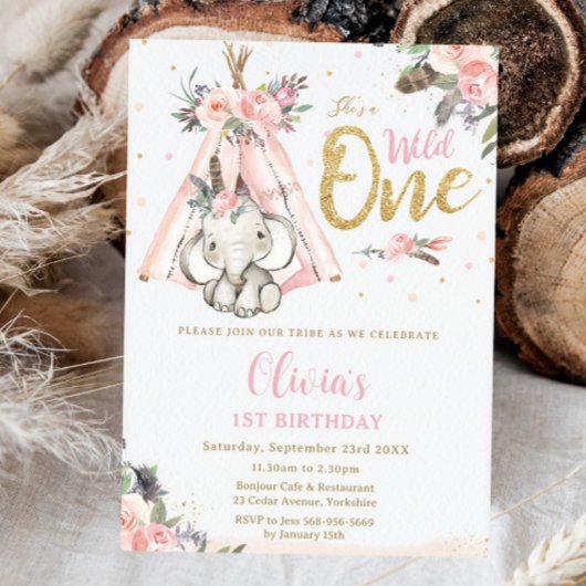 Invitation Eléphant Boho Tribal Pink Wild Un 1er anniversaire