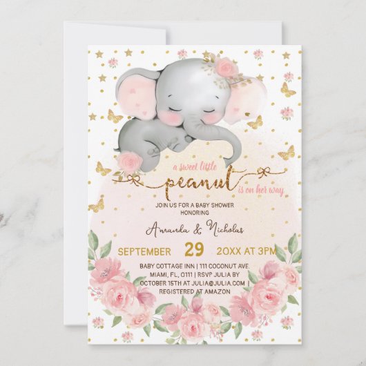 Invitation Eléphant Botanique Blush rose bébé fille Douche (Devant)