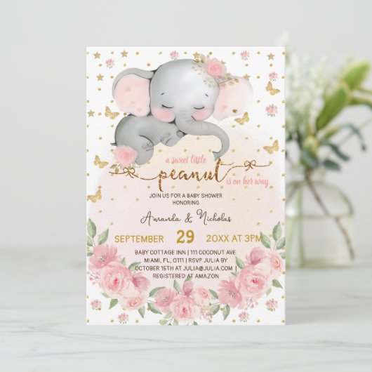Invitation Eléphant Botanique Blush rose bébé fille Douche (Debout devant)
