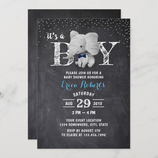 Invitation Elephant Boy Rustic Chalkboard Baby shower (Devant / Derrière)