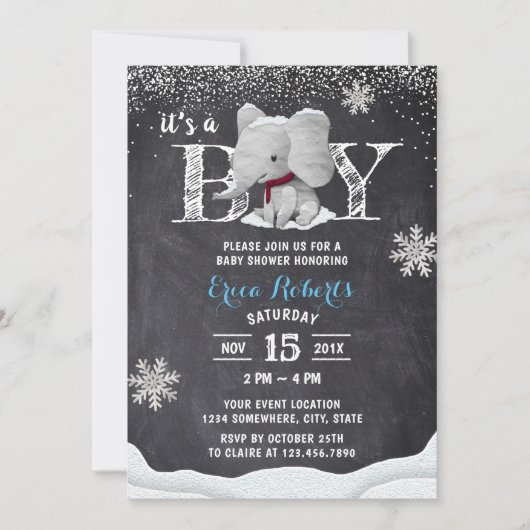 Invitation Elephant Boy Rustic Winter Snowflakes Baby shower (Devant)