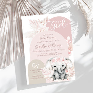 Invitation Elephant C'est une fille Boho Baby shower rose flo