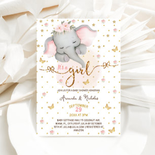 Invitation Éléphant C'est une fille Douce Rose Bohème Baby Sh