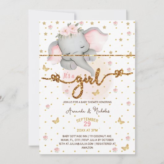Invitation Elephant C'est une fille Soft Pink Boho Baby showe (Devant)
