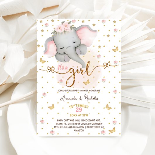 Invitation Elephant C'est une fille Soft Pink Boho Baby showe