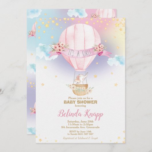 Invitation Éléphant chaud de douche de bébé de ballon à air (Devant / Derrière)