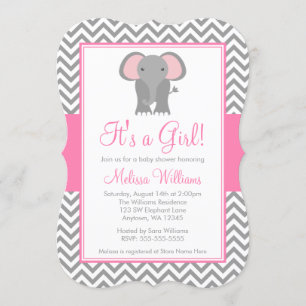 Invitation Elephant Chevron rose Grey Baby shower fille