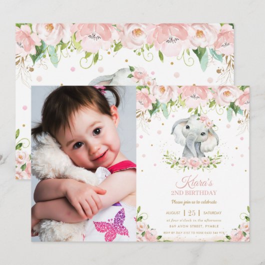 Invitation Eléphant Chic Blush rose Floral 1er anniversaire P (Devant / Derrière)