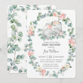Invitation Eléphant couché mignon vert Baby shower fille (Devant / Derrière)