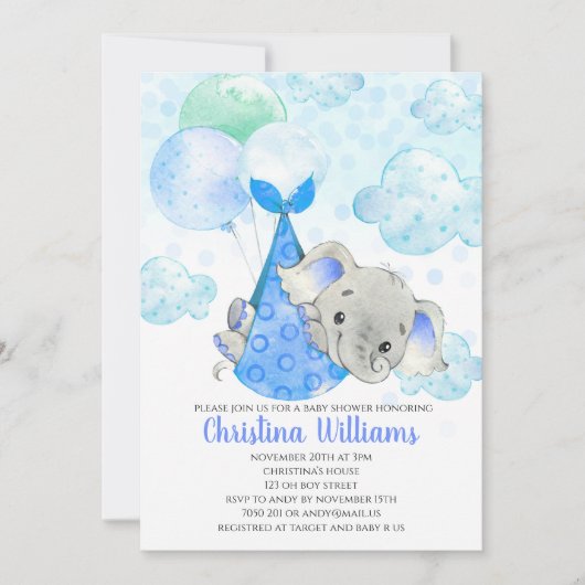 Invitation Elephant Cub Cute Boy Baby shower Blue (Devant)
