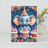 Invitation Éléphant d'anniversaire avec gâteau et ballons (Debout devant)