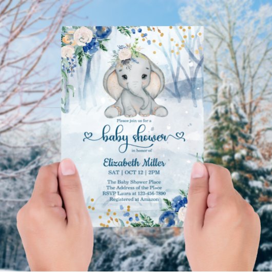 Invitation Eléphant Dans Le Baby shower De Forêt D'Hiver