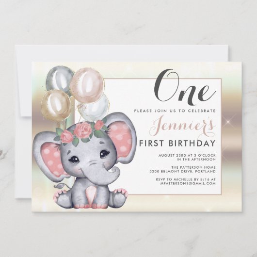 Invitation Éléphant de bébé floral mignon avec des ballons (Devant)