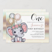 Invitation Éléphant de bébé floral mignon avec des ballons (Devant / Derrière)