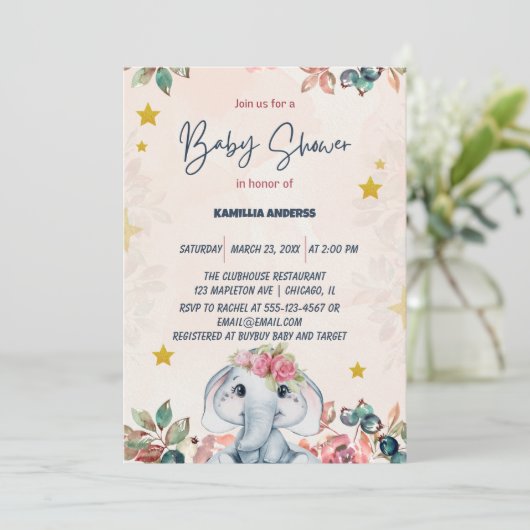 Invitation Éléphant de bébé floral rose   (Debout devant)