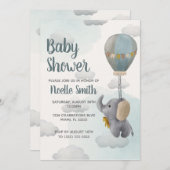 Invitation Éléphant de bébé gris, ballon à air chaud dans les (Devant / Derrière)