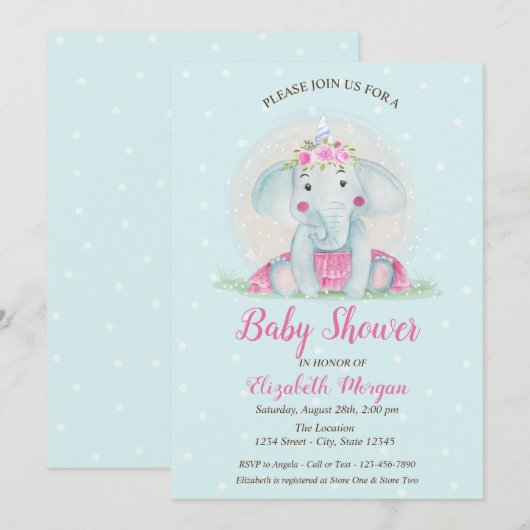 Invitation Éléphant de bébé mignon, Baby Shower à points bleu (Devant / Derrière)